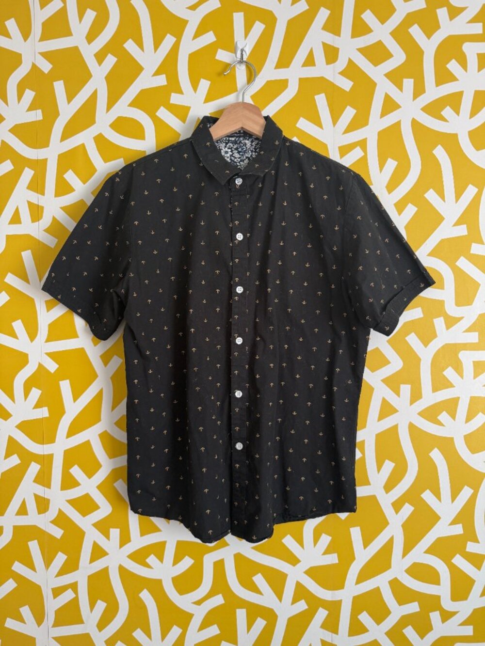 SSLR Men's Short Sleeve Black Button Down Anchors 100% Cotton Shirt - Medium